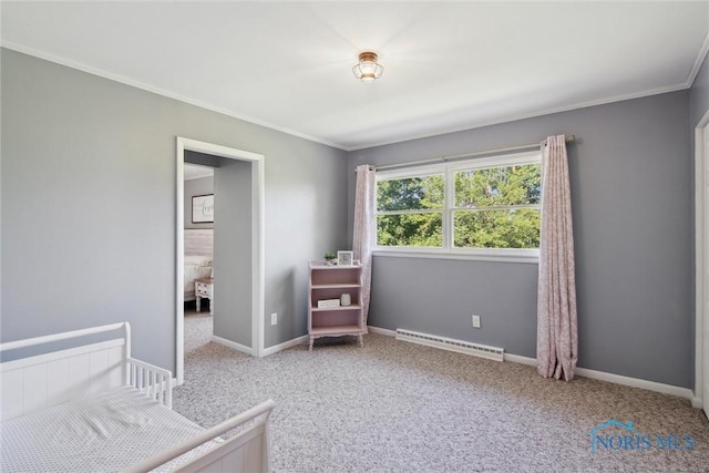 12982 State Route 34, Bryan, OH 43506 - carpeted bedroom featuring a baseboard radiator and ornamental molding