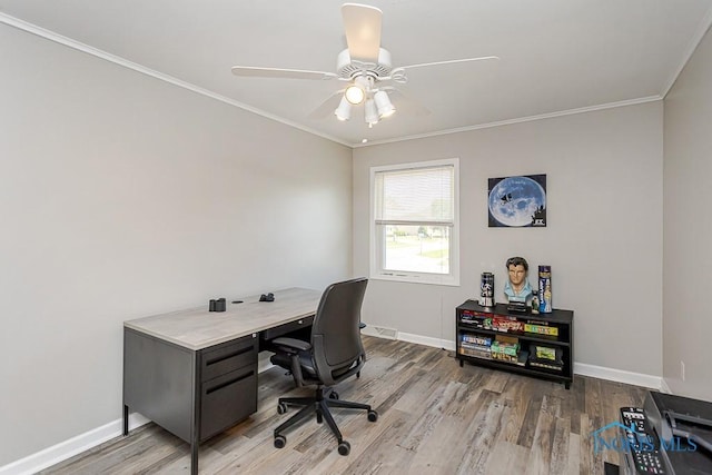 5157 Brinthaven Dr, Sylvania, OH 43560 - home office featuring wood finished floors, ornamental molding, and a ceiling fan