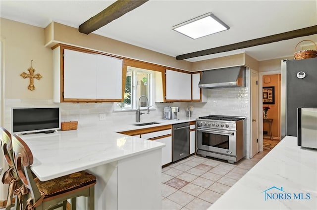 4567 Torquay Ave, Toledo, OH 43615 - kitchen with appliances with stainless steel finishes, wall chimney exhaust hood, decorative backsplash, white cabinets, and a peninsula