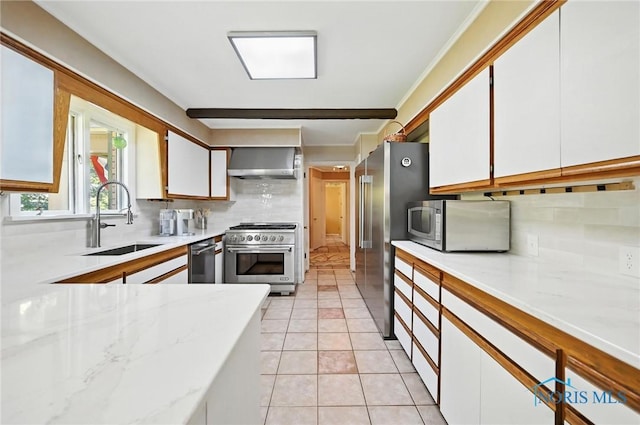 4567 Torquay Ave, Toledo, OH 43615 - kitchen with premium appliances, wall chimney range hood, backsplash, white cabinets, and ornamental molding