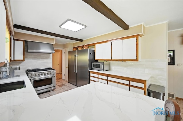 4567 Torquay Ave, Toledo, OH 43615 - kitchen featuring premium appliances, wall chimney exhaust hood, light stone countertops, backsplash, and white cabinets