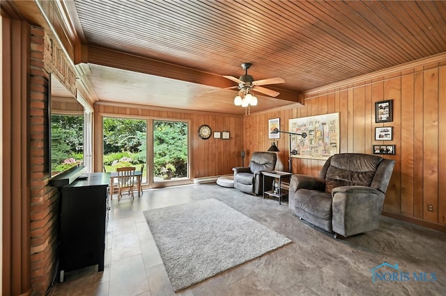 4567 Torquay Ave, Toledo, OH 43615 - living room with wooden walls, wood ceiling, and ceiling fan