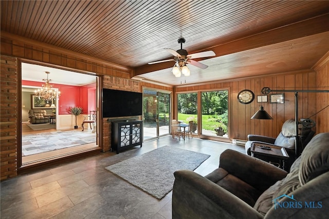 4567 Torquay Ave, Toledo, OH 43615 - living area featuring wood ceiling, a chandelier, ceiling fan, wood walls, and a baseboard radiator