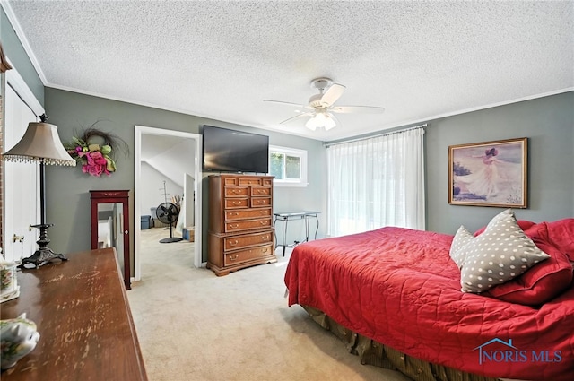 4567 Torquay Ave, Toledo, OH 43615 - bedroom featuring carpet floors, a textured ceiling, ornamental molding, and ceiling fan