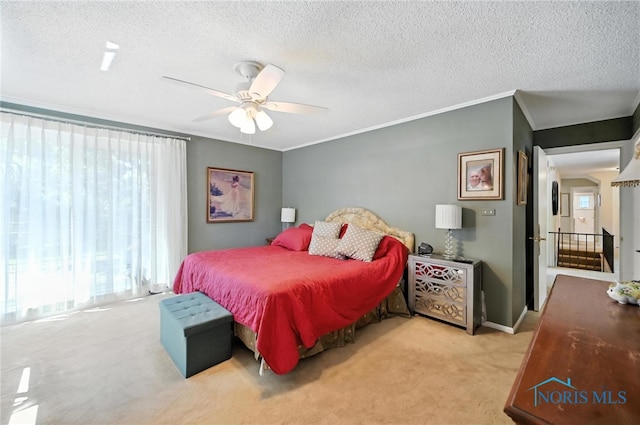 4567 Torquay Ave, Toledo, OH 43615 - bedroom featuring multiple windows, carpet flooring, a textured ceiling, crown molding, and a ceiling fan
