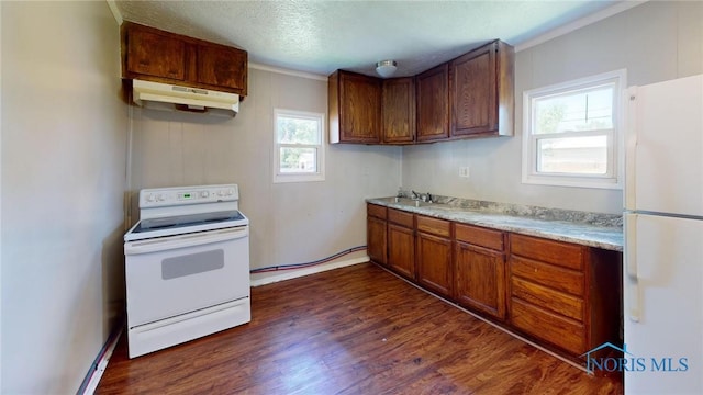 1534 Pinewood Ave, Toledo, OH 43607 - kitchen with white appliances, under cabinet range hood, dark wood-style floors, light countertops, and brown cabinets