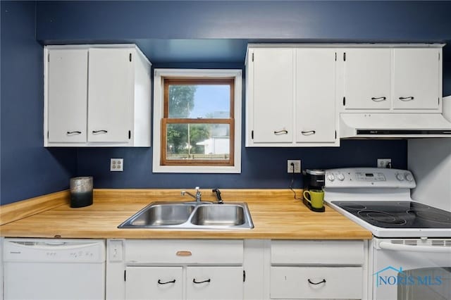 1285 Glenview Rd, Toledo, OH 43614 - kitchen featuring white appliances, under cabinet range hood, white cabinets, and butcher block countertops
