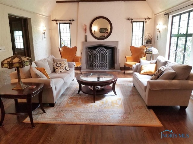 3704 Brookside Rd, Ottawa Hills, OH 43606 - living room featuring wood finished floors, healthy amount of natural light, a fireplace with flush hearth, and lofted ceiling