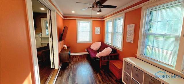 3329 Kirkwall Rd, Ottawa Hills, OH 43606 - living area featuring ornamental molding, a ceiling fan, dark wood finished floors, healthy amount of natural light, and recessed lighting
