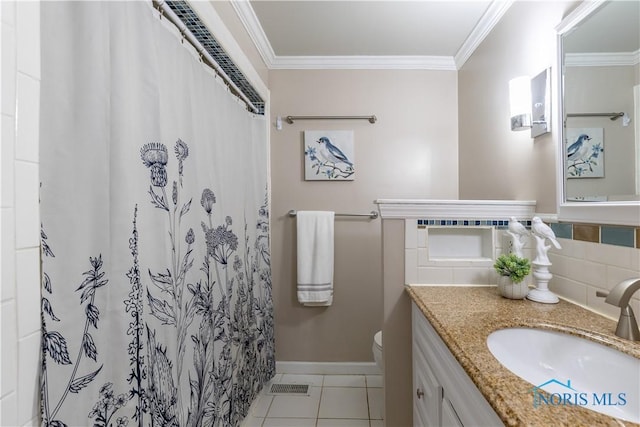 6768 Denbridge Dr, Sylvania, OH 43560 - bathroom with crown molding, tile patterned flooring, vanity, and a shower with curtain