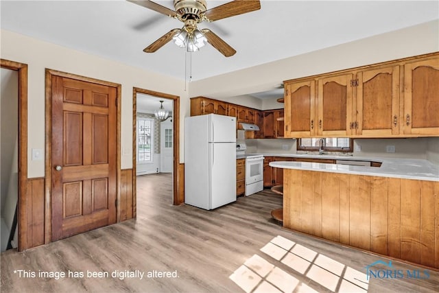 2310 Goddard Rd, Toledo, OH 43606 - kitchen featuring white appliances, under cabinet range hood, light countertops, a peninsula, and light wood-style floors