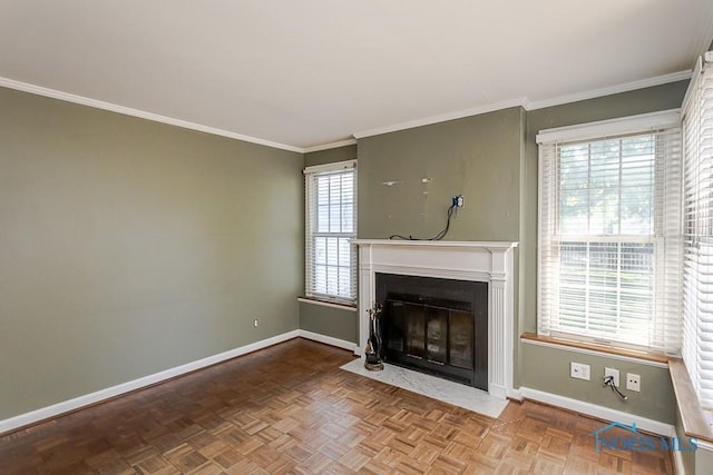 4334 Commonwealth Ave, Toledo, OH 43612 - unfurnished living room with healthy amount of natural light, a fireplace with flush hearth, and crown molding