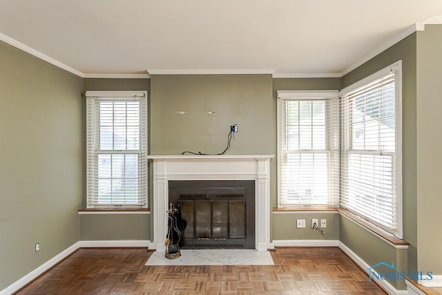 4334 Commonwealth Ave, Toledo, OH 43612 - unfurnished living room with a fireplace with flush hearth and crown molding