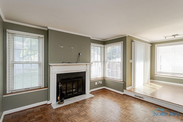 4334 Commonwealth Ave, Toledo, OH 43612 - unfurnished living room with a fireplace with flush hearth, plenty of natural light, and ornamental molding