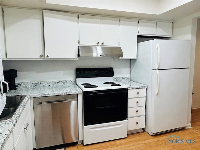4243 W Bancroft St Unit 202W, Ottawa Hills, OH 43615 - kitchen featuring white appliances, under cabinet range hood, white cabinets, light wood finished floors, and light stone countertops