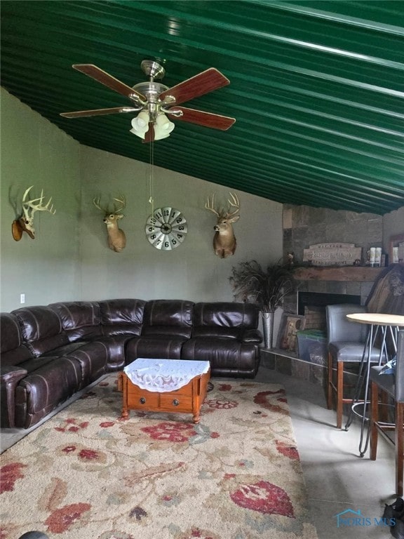 26654 Elliott Rd, Defiance, OH 43512 - living room featuring a ceiling fan and vaulted ceiling