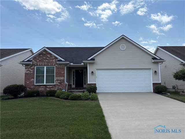 813 Meadowchase Ln, Toledo, OH 43615 - ranch-style home with brick siding, an attached garage, driveway, a front yard, and a shingled roof