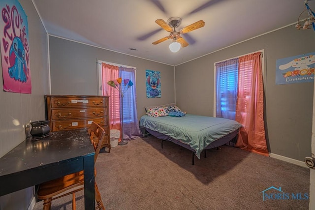 138 Boone Ave, Marion, OH 43302 - bedroom with carpet floors, a ceiling fan, and ornamental molding