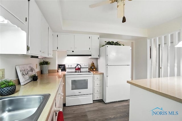 5679 Monroe St Unit 410, Sylvania, OH 43560 - kitchen featuring white appliances, under cabinet range hood, dark wood finished floors, light countertops, and white cabinets