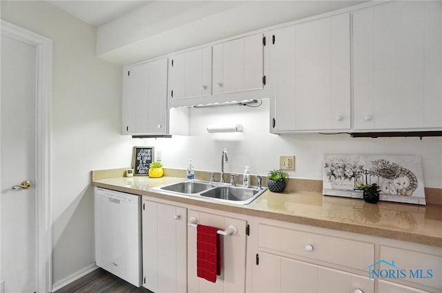 5679 Monroe St Unit 410, Sylvania, OH 43560 - kitchen with white dishwasher, white cabinets, light countertops, and dark wood-type flooring