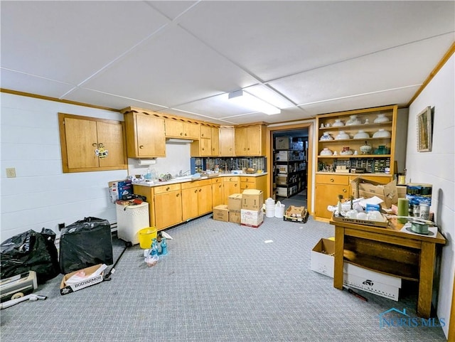 309 Buckeye St, Archbold, OH 43502 - kitchen featuring light countertops, carpet, and concrete block wall