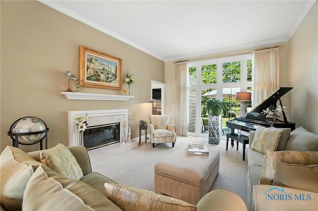 5576 N Citation Rd, Ottawa Hills, OH 43615 - living area with carpet floors, ornamental molding, and a fireplace