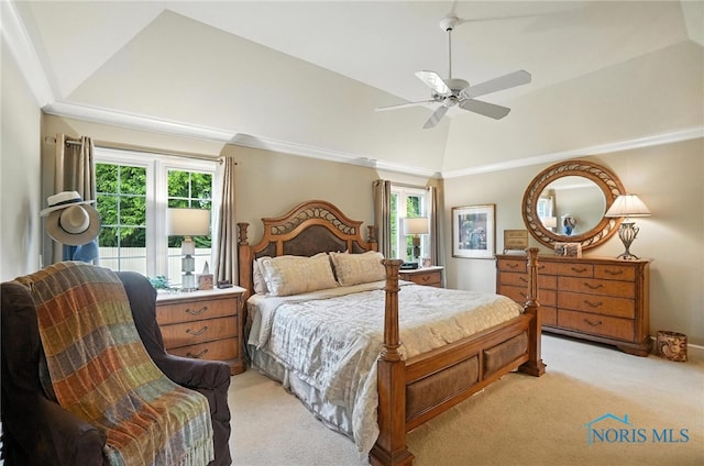5576 N Citation Rd, Ottawa Hills, OH 43615 - bedroom with light colored carpet, lofted ceiling, and ceiling fan