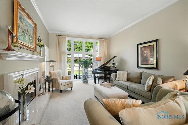 5576 N Citation Rd, Ottawa Hills, OH 43615 - living room featuring carpet, crown molding, and a premium fireplace