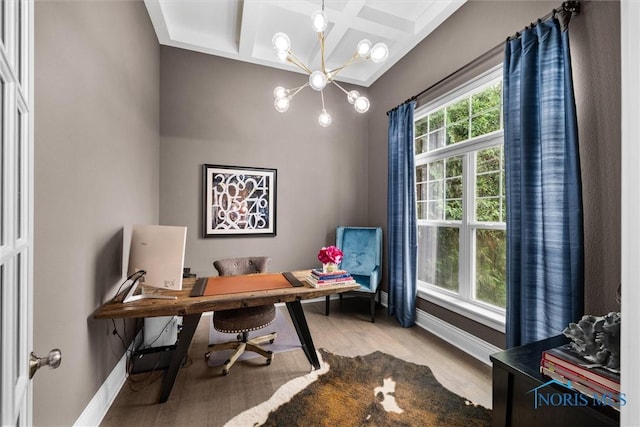 9258 Nate Ct, Sylvania, OH 43560 - office with coffered ceiling, a chandelier, wood finished floors, and beam ceiling