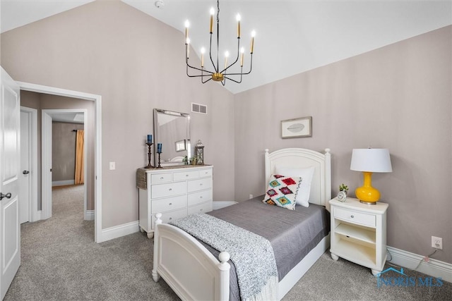 9258 Nate Ct, Sylvania, OH 43560 - bedroom featuring high vaulted ceiling, a chandelier, and carpet floors