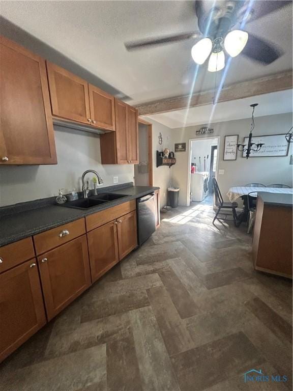 1020 Fremont Ave, Findlay, OH 45840 - kitchen with dishwasher, brown cabinets, dark countertops, and a ceiling fan
