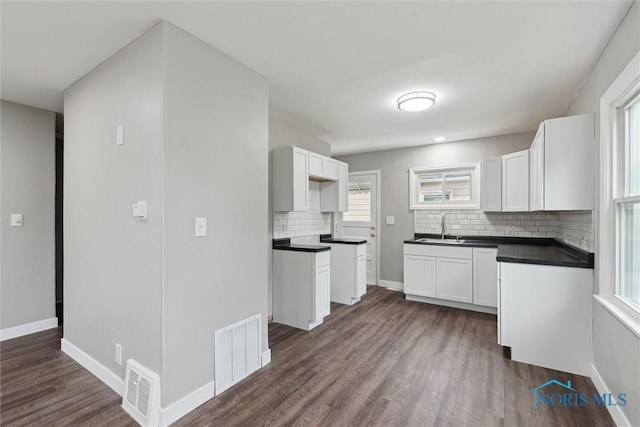 2713 Stateview Dr, Toledo, OH 43609 - kitchen with backsplash, dark countertops, and dark wood-style flooring