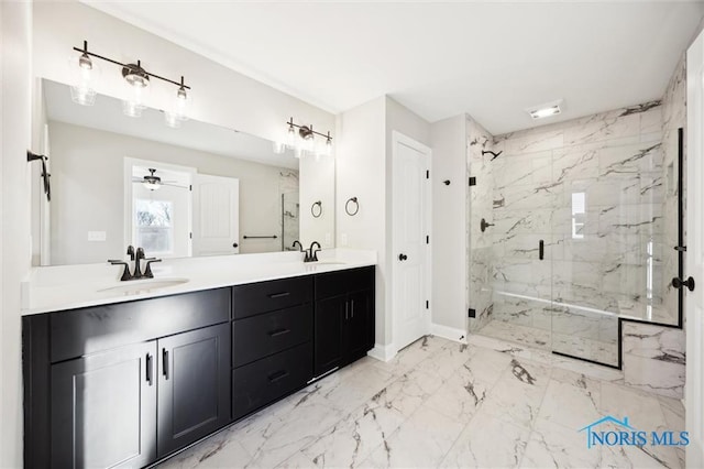 2700 Cross Ridge Way, Perrysburg, OH 43551 - bathroom with a marble finish shower, marble look tile flooring, double vanity, and ceiling fan