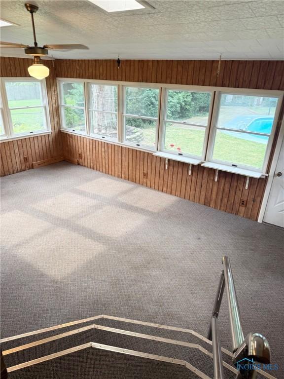 125 E Yates Ave, Findlay, OH 45840 - unfurnished sunroom with wooden walls, carpet, and a skylight