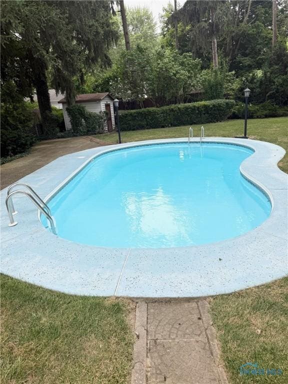 125 E Yates Ave, Findlay, OH 45840 - swimming pool featuring a lawn and a storage shed