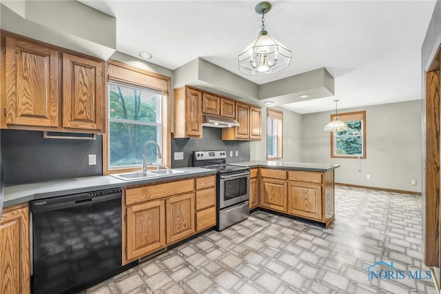 21010 Lemoyne Rd, Luckey, OH 43443 - kitchen featuring black dishwasher, electric range, a peninsula, a chandelier, and under cabinet range hood