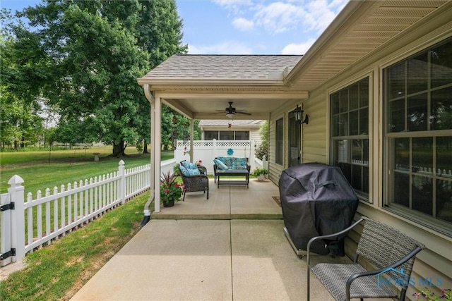 14 White Tail Way Unit A, Norwalk, OH 44857 - view of patio with ceiling fan, grilling area, and outdoor lounge area