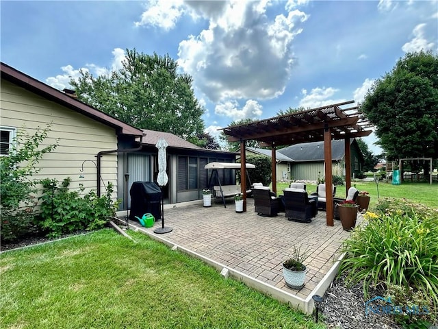 210 Duck Pond Rd, Upper Sandusky, OH 43351 - view of patio featuring a pergola, a playground, area for grilling, and outdoor lounge area