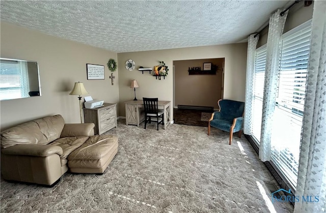 210 Duck Pond Rd, Upper Sandusky, OH 43351 - living room with healthy amount of natural light, carpet flooring, a baseboard heating unit, and a textured ceiling