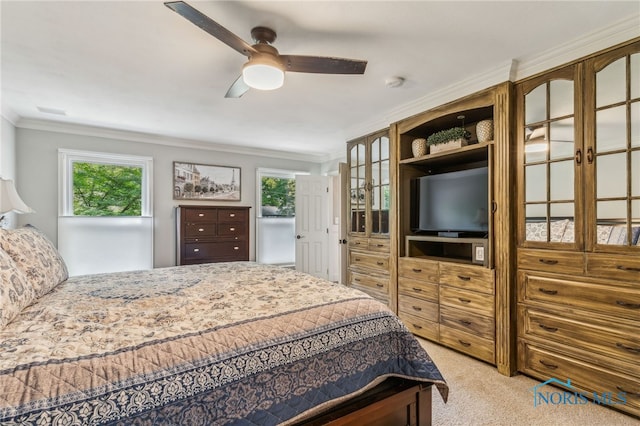 618 Sutton Pl, Findlay, OH 45840 - bedroom featuring carpet floors, ornamental molding, multiple windows, and a ceiling fan