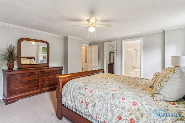 618 Sutton Pl, Findlay, OH 45840 - bedroom with carpet, ornamental molding, ceiling fan, and ensuite bath
