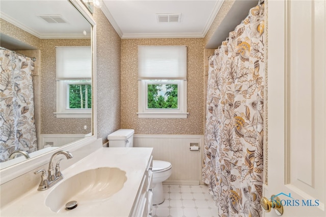 618 Sutton Pl, Findlay, OH 45840 - bathroom featuring plenty of natural light, a wainscoted wall, ornamental molding, wallpapered walls, and vanity