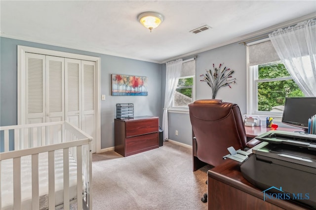 618 Sutton Pl, Findlay, OH 45840 - home office featuring light carpet, healthy amount of natural light, and ornamental molding