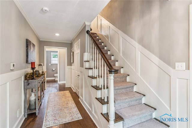 618 Sutton Pl, Findlay, OH 45840 - stairs with crown molding, wood finished floors, and recessed lighting