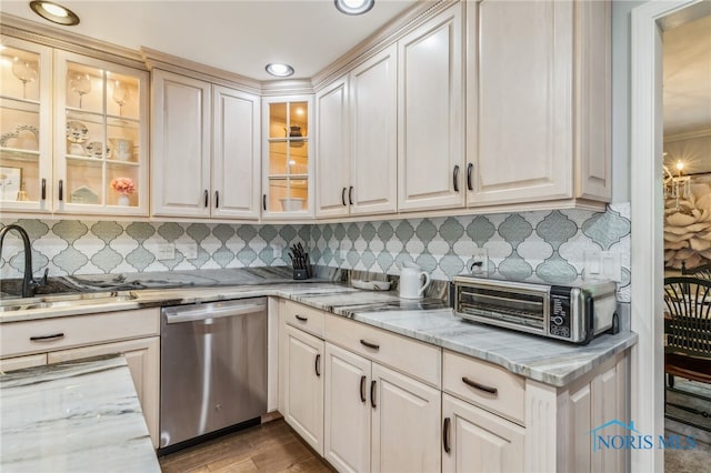 618 Sutton Pl, Findlay, OH 45840 - kitchen with stainless steel dishwasher, backsplash, wood finished floors, light stone countertops, and recessed lighting