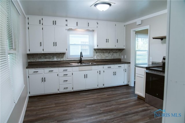 1474 S Clinton St, Defiance, OH 43512 - kitchen featuring stainless steel range with electric cooktop, dark countertops, backsplash, and dark wood-style floors
