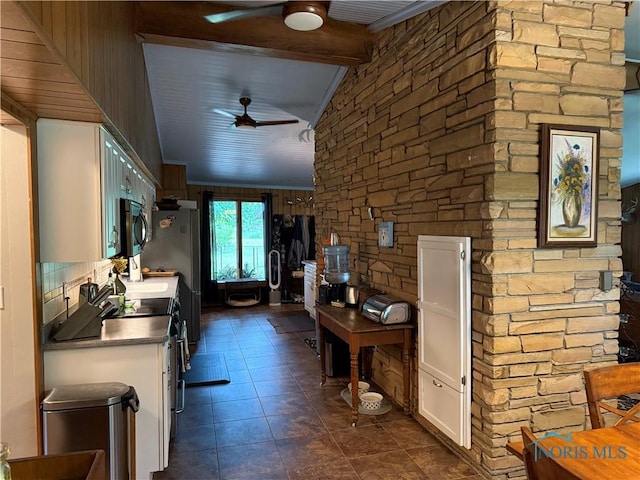 19445 Powers Rd, Defiance, OH 43512 - kitchen featuring ceiling fan, white cabinetry, and dark tile patterned flooring