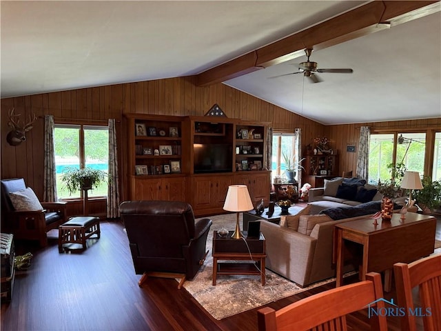 19445 Powers Rd, Defiance, OH 43512 - living area featuring wood finished floors, wood walls, and a ceiling fan