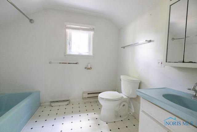 4906 Pine Ridge Rd, Toledo, OH 43615 - full bath with tile patterned floors, a baseboard radiator, vaulted ceiling, vanity, and shower / tub combination