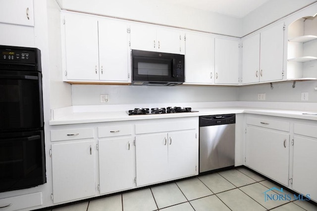 4906 Pine Ridge Rd, Toledo, OH 43615 - kitchen with black appliances, open shelves, light countertops, and white cabinets
